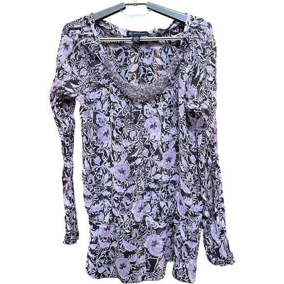 INC Top 6 Pink Blue Sequin Beaded Floral Sheer Silk Embellished Collar Chiffon - Picture 1 of 7